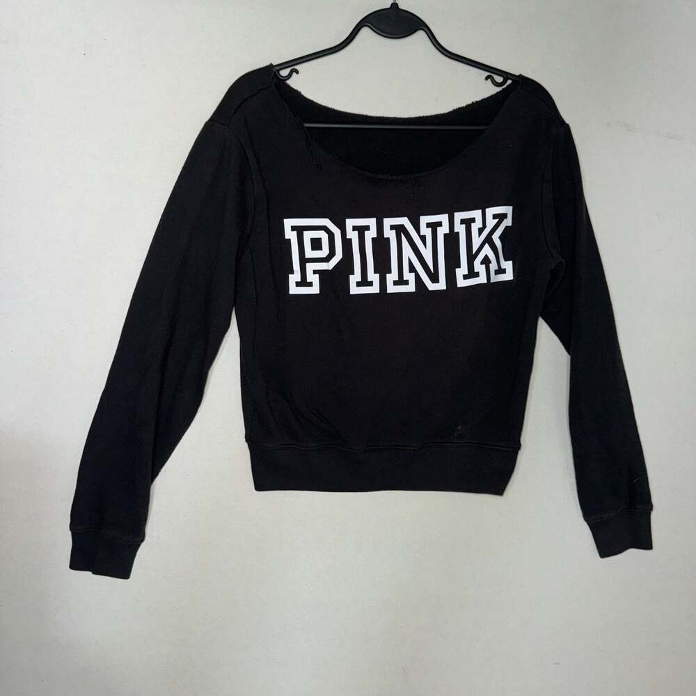 Victoria's Secret PINK Black Logo Raw Edge Sweatshirt
